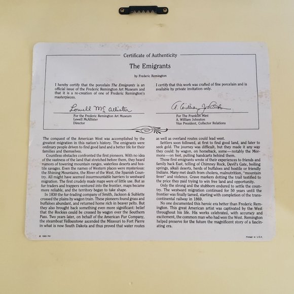 The Emigrants Frederic Remington Porcelain Tile Framed COA - Picture 8 of 8